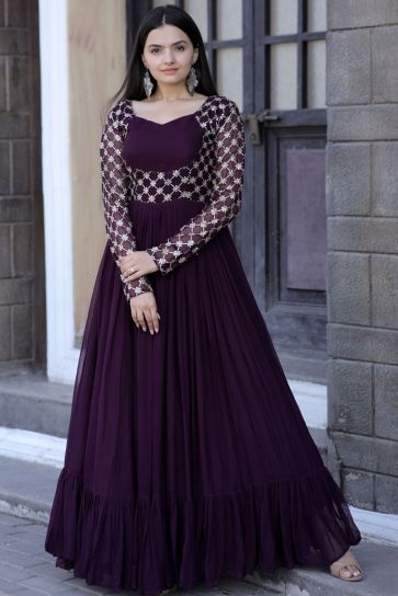 Wine Color Georgette Fabric Tempting Readymade Gown