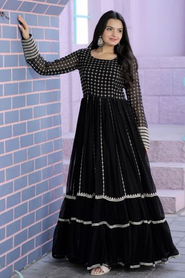 Sequins Work On Readymade Gown In Black Color Georgette Fabric
