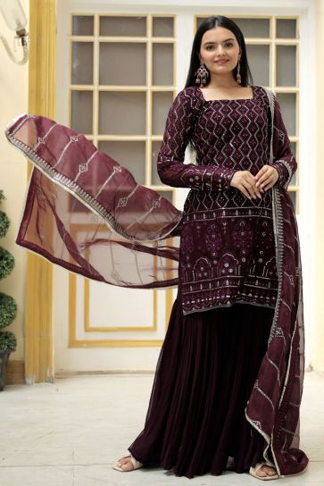 Wine Color Fascinating Readymade Georgette Sharara Suit