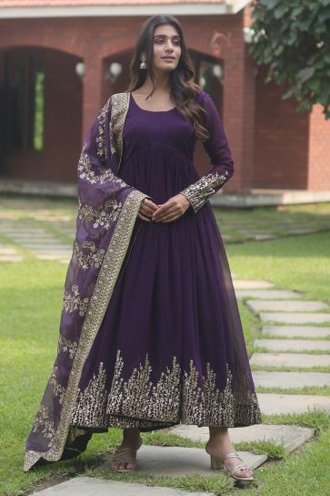 Embroidered Purple Color Readymade Long Gown With Dupatta
