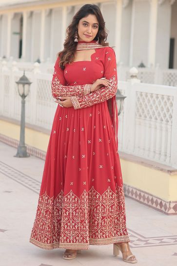 Georgette Fabric Embroidered Red Color Readymade Gown With Dupatta
