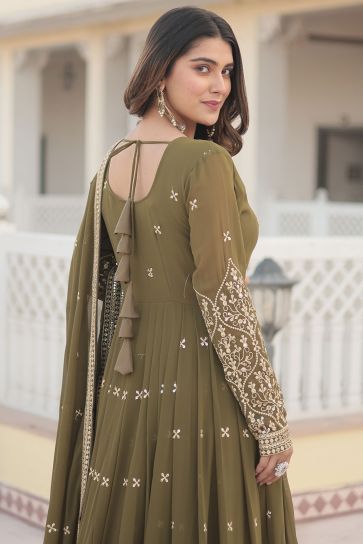 Embroidered Georgette Fabric Mahendi Green Color Readymade Gown With Dupatta