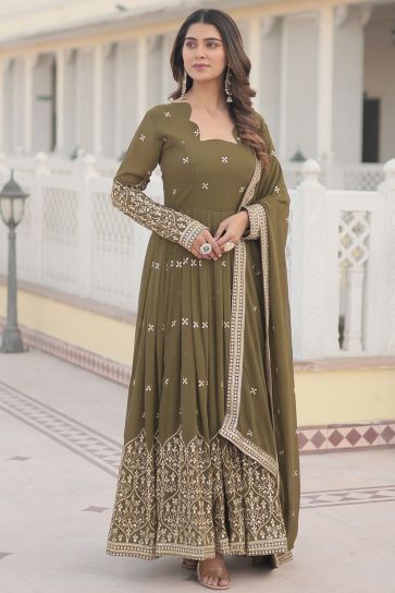 Embroidered Georgette Fabric Mahendi Green Color Readymade Gown With Dupatta