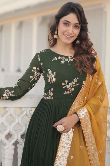 Green Color Function Wear Embroidered Work Luminous Long Gown With Dupatta In Georgette Fabric
