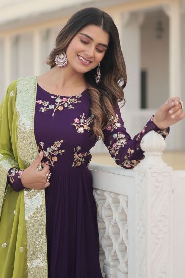 Georgette Fabric Embroidered Work Purple Color Glorious Long Gown With Dupatta In Function Wear