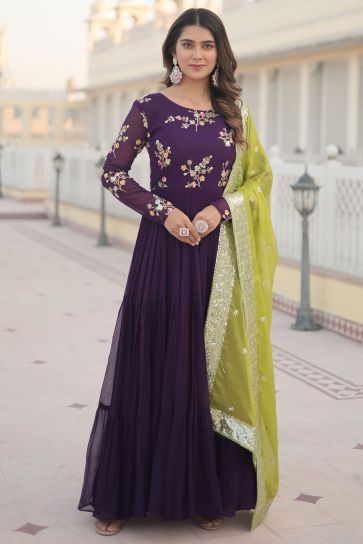 Georgette Fabric Embroidered Work Purple Color Glorious Long Gown With Dupatta In Function Wear