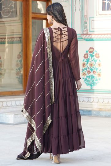 Georgette Fabric Function Wear Charismatic Readymade Long Gown In Brown Color