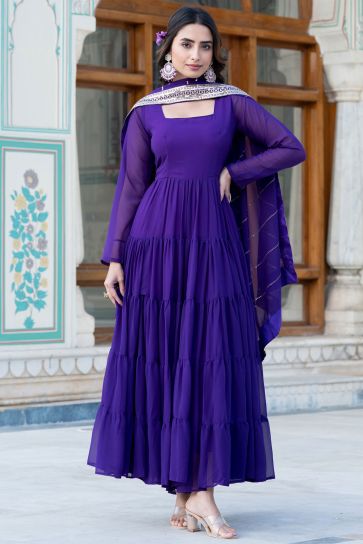 Georgette Fabric Purple Color Ingenious Readymade Long Gown In Function Wear