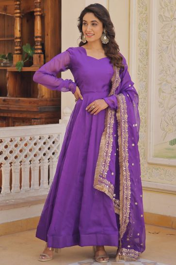 Art Silk Fabric Purple Color Solid Readymade Gown With Sequins Work Dupatta