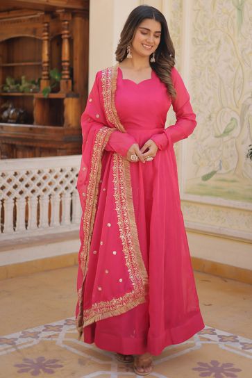 Art Silk Fabric Pink Color Mesmeric Readymade Gown With Sequins Work Dupatta