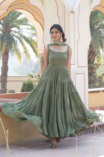Georgette Fabric Function Wear Charismatic Readymade Gown With Dupatta In Green Color