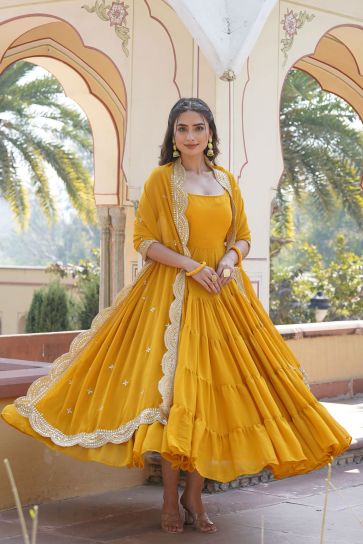 Georgette Fabric Yellow Color Ingenious Readymade Gown With Dupatta In Function Wear