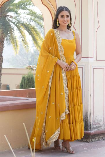 Georgette Fabric Yellow Color Ingenious Readymade Gown With Dupatta In Function Wear