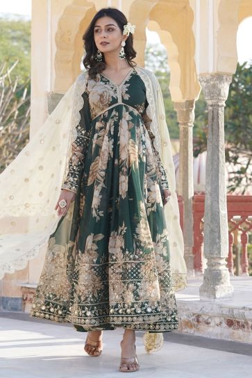 Art Silk Fabric Function Wear Charismatic Readymade Gown With Dupatta In Green Color