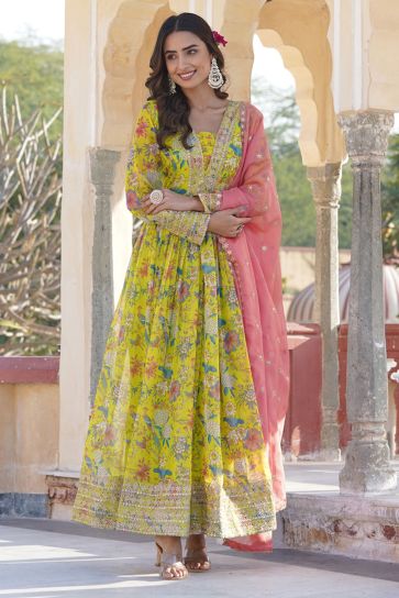 Yellow Color Function Wear Captivating Readymade Gown With Dupatta In Art Silk Fabric