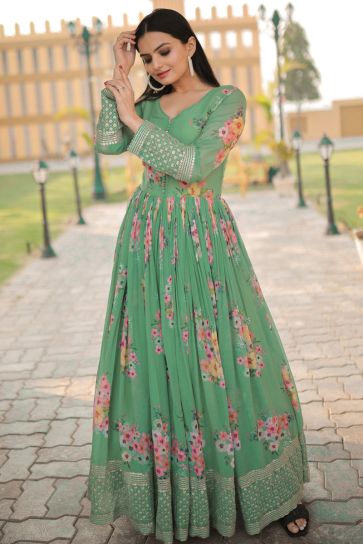 Georgette Fabric Sea Green Color Mesmeric Readymade Long Gown