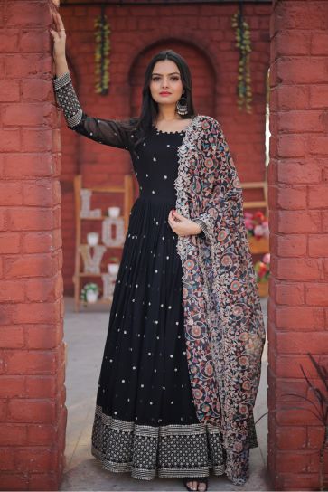 Georgette Fabric Awesome Gown With Dupatta In Black Color