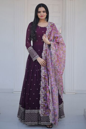 Radiant Wine Color Georgette Fabric Gown With Dupatta