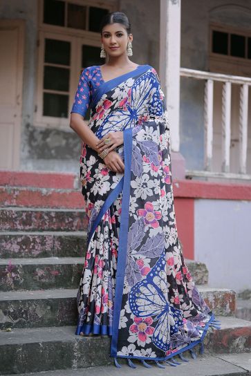 Black Color Exclusive Floral Printed Cotton Silk Fabric Sarees