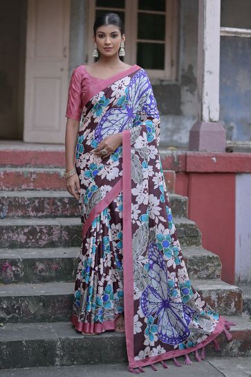 Brown Color Floral Printed Daily Wear Cotton Silk Fabric Saree