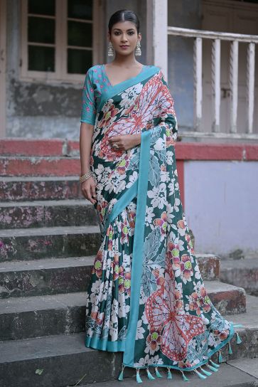 Attractive Green Color Floral Printed Cotton Silk Fabric Simple Saree