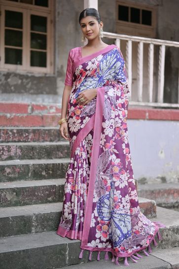 Daily Wear Cotton Silk Fabric Floral Printed Purple Color Saree
