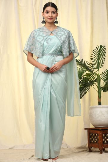 Soothing Crush Satin Pre Stitched Saree With Sequins Blouse In Light Cyan Color