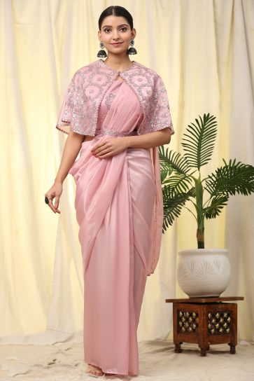 Peach Color Glorious Crush Satin Pre Stitched Saree With Sequins Blouse