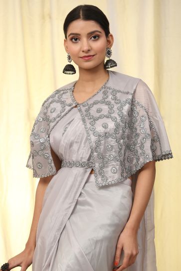 Delicate Grey Color Crush Satin Pre Stitched Saree With Sequins Blouse