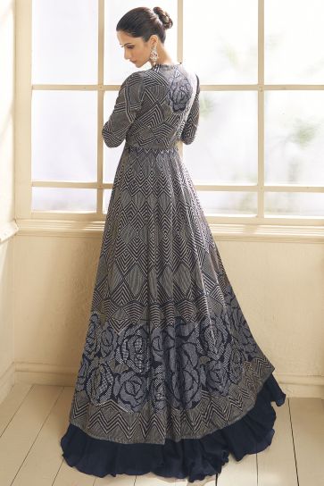 Diksha Singh Navy Blue Color Exquisite Lehenga With Long Koti In Georgette Fabric