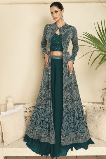 Diksha Singh Attractive Georgette Fabric Teal Color Lehenga With Long Koti