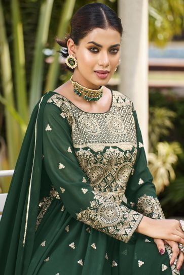 Georgette Fabric Sequence Work Readymade Palazzo Salwar Kameez In Dark Green Color