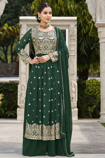 Georgette Fabric Sequence Work Readymade Palazzo Salwar Kameez In Dark Green Color