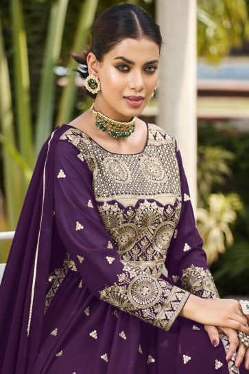 Sequence Work Readymade Palazzo Salwar Kameez In Georgette Fabric Purple Color