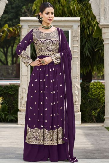 Sequence Work Readymade Palazzo Salwar Kameez In Georgette Fabric Purple Color