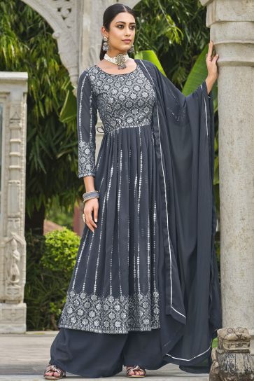 Grey Color Georgette Fabric Fancy Sequence Work Function Wear Readymade Palazzo Salwar Suit