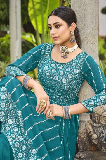 Cyan Color Sequence Work Readymade Palazzo Salwar Suit In Georgette Fabric