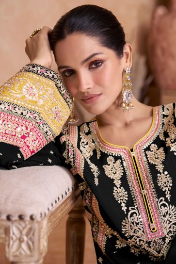 Black Color Chinon Fabric Fancy Embroidered Readymade Fashionable Palazzo Salwar Suit