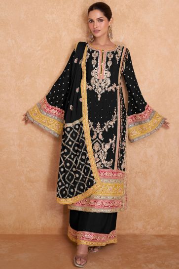 Black Color Chinon Fabric Fancy Embroidered Readymade Fashionable Palazzo Salwar Suit