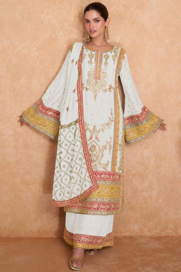 Chinon Fabric Embroidered White Color Readymade Stylish Palazzo Suit