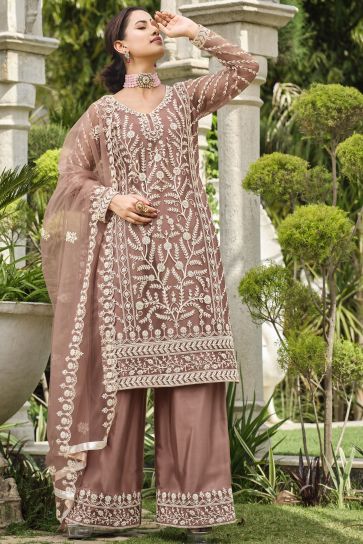 Chikoo Color Net Fabric Function Wear Tempting Palazzo Suit