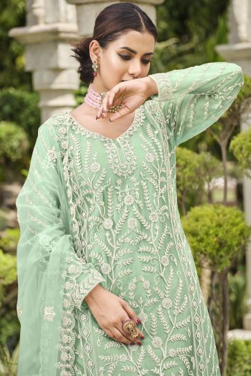 Sea Green Color Net Fabric Function Wear Awesome Palazzo Suit
