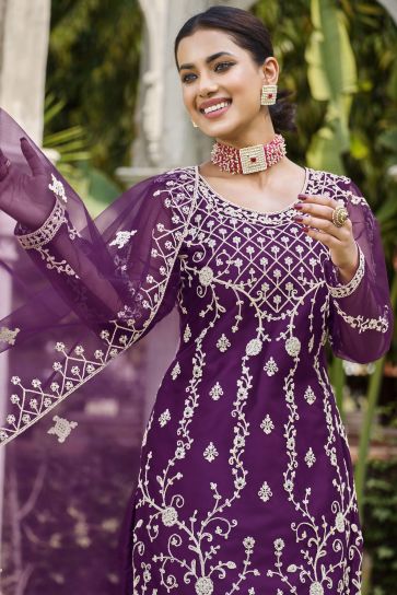 Net Fabric Function Wear Beatific Palazzo Suit In Purple Color