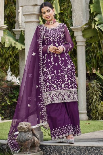 Net Fabric Function Wear Beatific Palazzo Suit In Purple Color