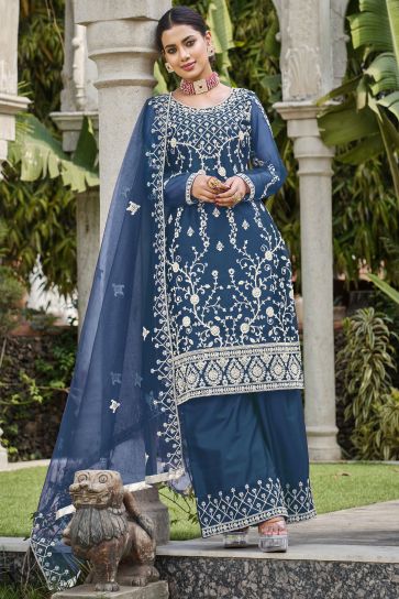 Function Wear Blue Color Inventive Palazzo Suit In Net Fabric