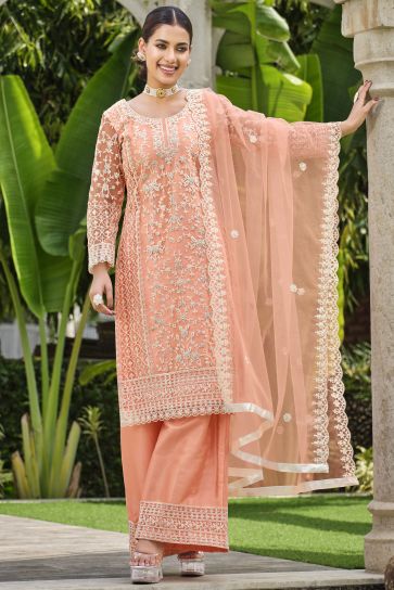 Peach Color Net Fabric Lovely Function Wear Palazzo Suit