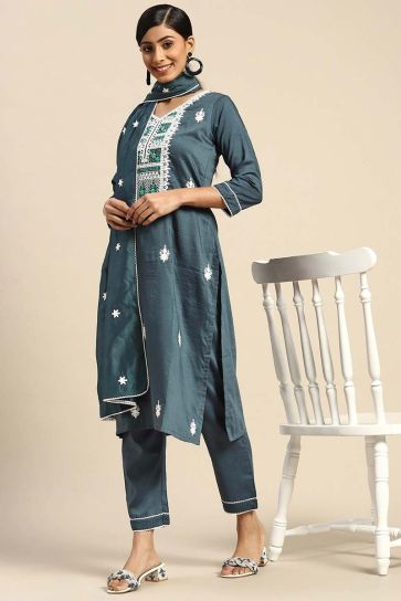 Art Silk Fabric Teal Color Casual Wear Majestic Kurti Bottom Dupatta Set With Embroidered Work