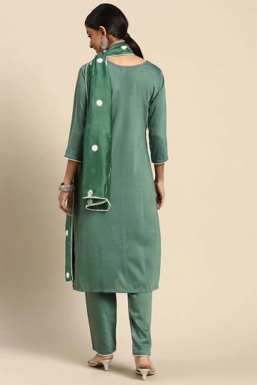 Embroidered Work On Green Color Daily Wear Solid Kurti Bottom Dupatta Set In Art Silk Fabric
