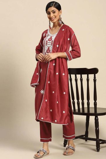 Art Silk Fabric Maroon Color Casual Wear Stylish Kurti Bottom Dupatta Set With Embroidered Work