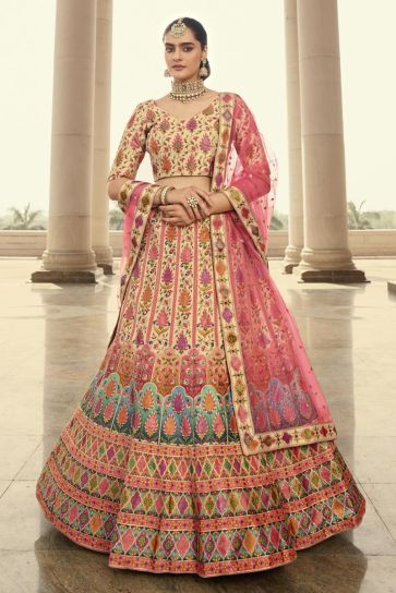 Beige Color Art Silk Fabric Miraculous Sangeet Wear Lehenga With Embroidered Work